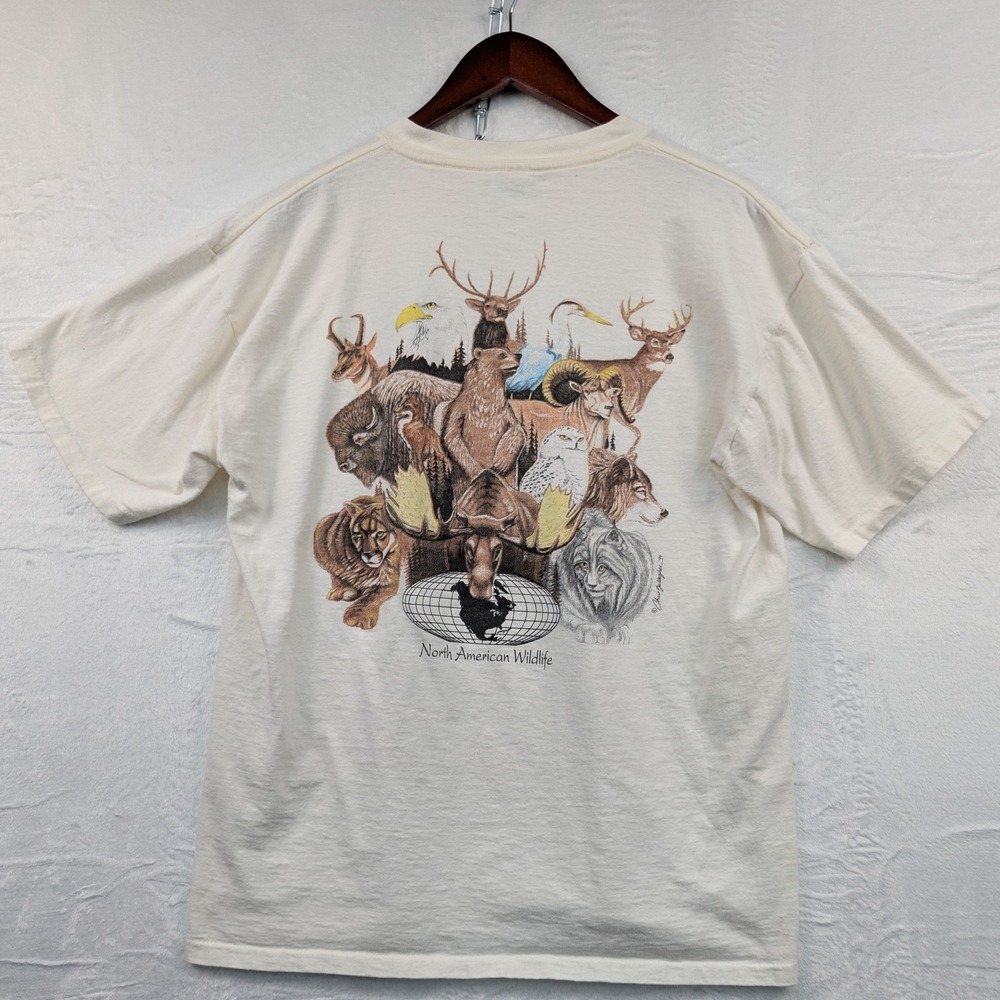 VTG  T-Shirt Men's L Cream North American Wildlife Single Stitch Nature Art 90s